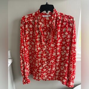 ZARA Red and Cream Floral Button-Down Blouse
